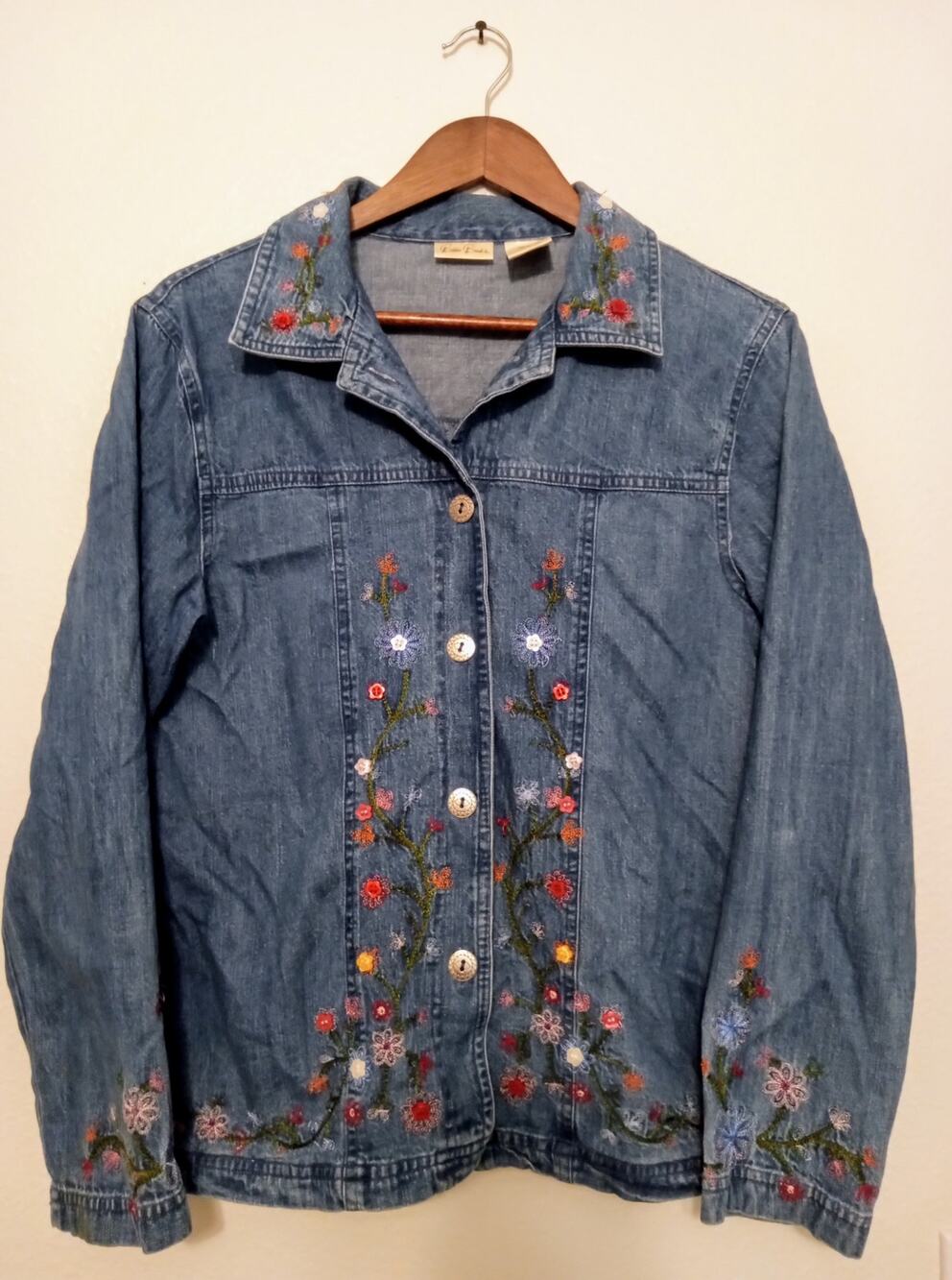 Vintage Bobbie Brooks Women's Floral Embroidered Jean Jacket Shirt Shacket SZ M